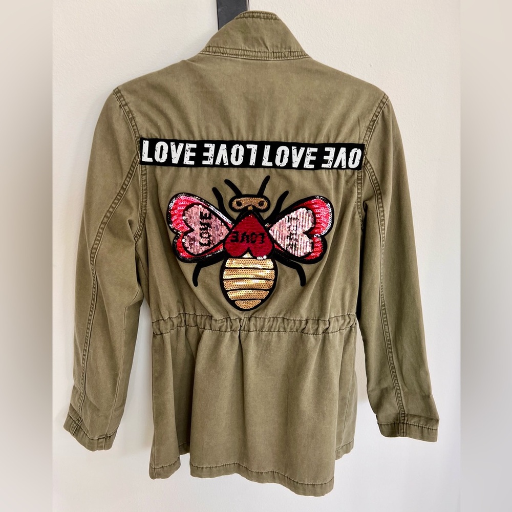 Sequined “Love” bee military jacket one of a kind in army green